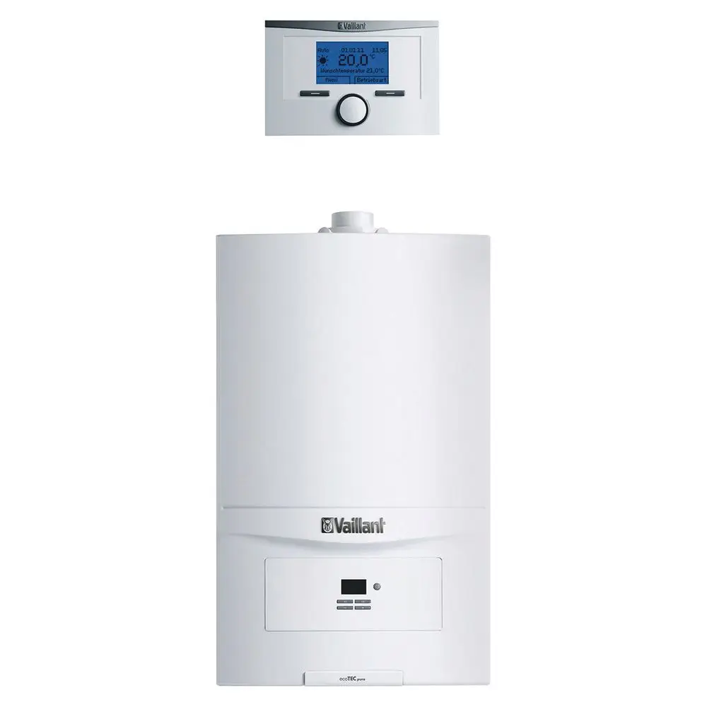 Vaillant Heizgerät in Weiß mit digitalem Display und Bedienelementen. Oben eine Steuerungseinheit mit Temperatureinstellung und Statusanzeige.